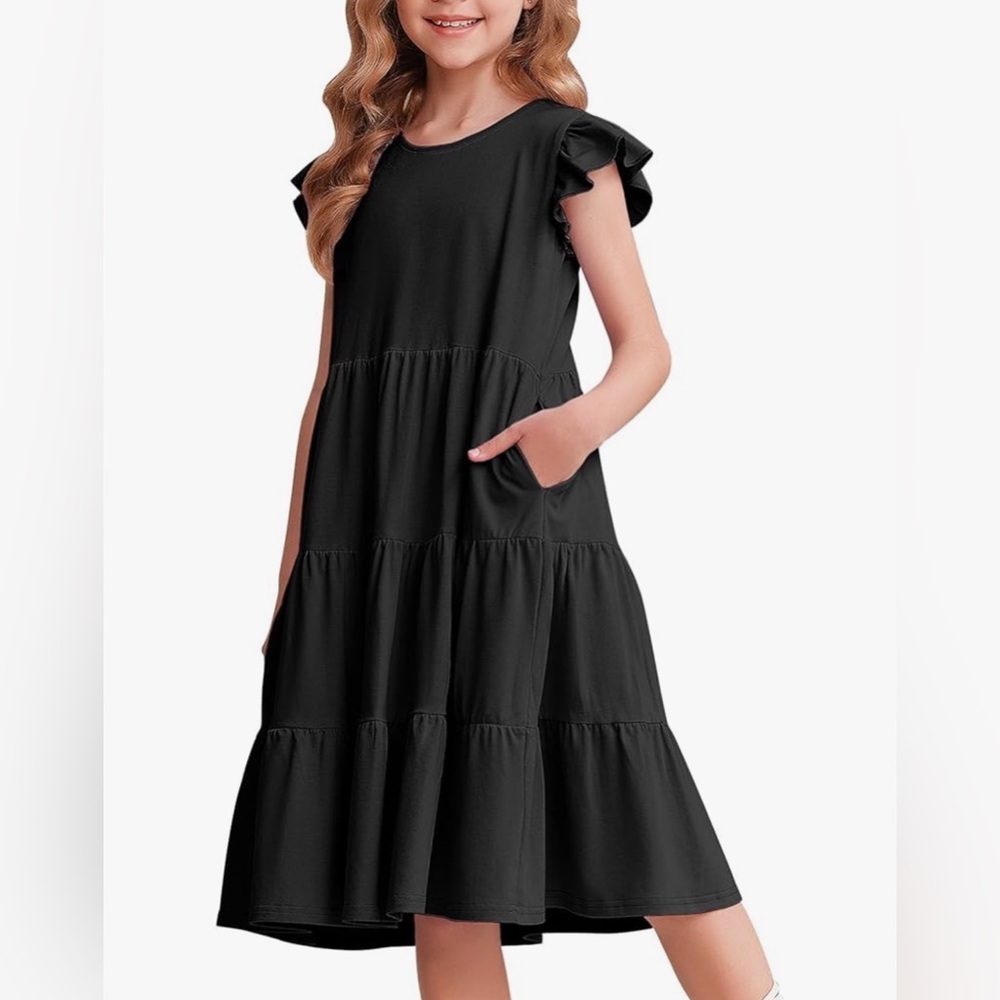 378 NIB PARTTELY Girls Ruffle Sleeve Tiered Dress‎ with Pockets